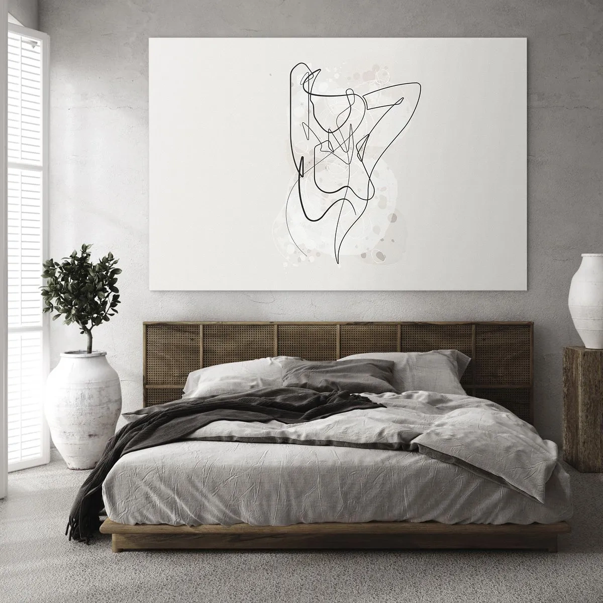 Tablou pe sticlă - O siluetă feminină desenată cu o singură linie pe un fundal deschis la culoare - 70x50cm - Arta seducției - Decorațiune modernă pentru perete pentru living și dormitor ARTTOR