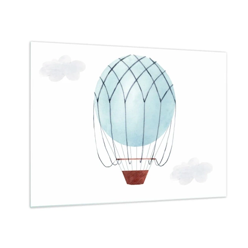 Tablou pe sticlă - Balon cu aer cald albastru în nori - 70x50cm - Complet în nori - Decorațiune modernă pentru perete pentru living și dormitor ARTTOR