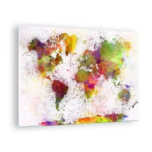 Tablou pe sticlă - Hartă a lumii în stil artistic cu stropi de vopsea colorată - 70x50cm - Cumva a ieșit așa - Decorațiune modernă pentru perete pentru living și dormitor ARTTOR
