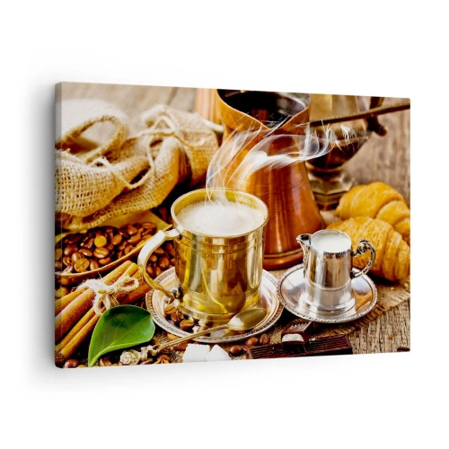 Tablou pe pânză Canvas - O cană de cafea aurie înconjurată de boabe, ulcioare și croissante - 70x50cm - O zi bună! - Decorațiune modernă pentru perete pentru living și dormitor ARTTOR