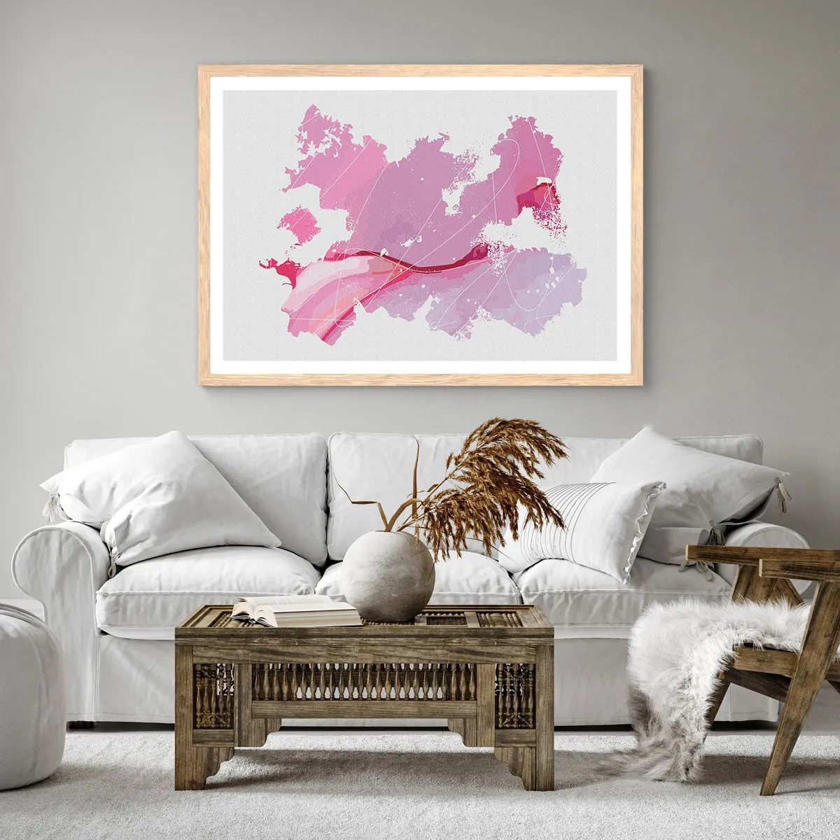 Poster în ramă de stejar deschis - Harta unei lumi roz - 100x70 cm