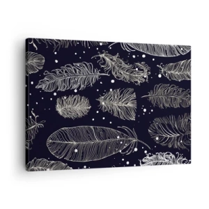 Tablou pe pânză Canvas - Pene albe delicate pe un fundal bleumarin - 70x50cm - Dantelă cu pene - Decorațiune modernă pentru perete pentru living și dormitor ARTTOR