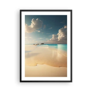 Poster în ramă neagră - O plajă cu apă turcoaz, nori delicați și nisip - 50x70cm - O zi de vis - Decorațiune modernă pentru perete pentru living și dormitor ARTTOR