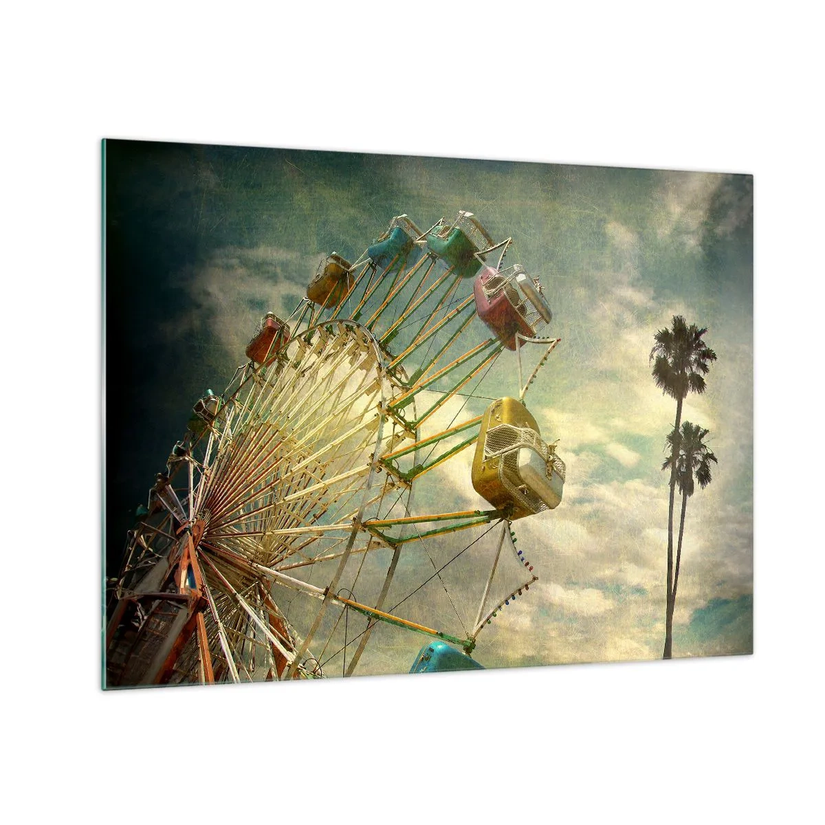 Tablou pe sticlă - O roată Ferris pe fundalul cerului și al palmierilor în stil retro - 70x50cm - Hai la distracție… - Decorațiune modernă pentru perete pentru living și dormitor ARTTOR