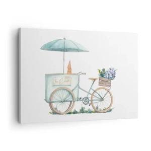 Tablou pe pânză Canvas - O bicicletă cu înghețată și flori sub o umbrelă în culori pastelate delicate - 70x50cm - O dulce amintire de vară - Decorațiune modernă pentru perete pentru living și dormitor ARTTOR