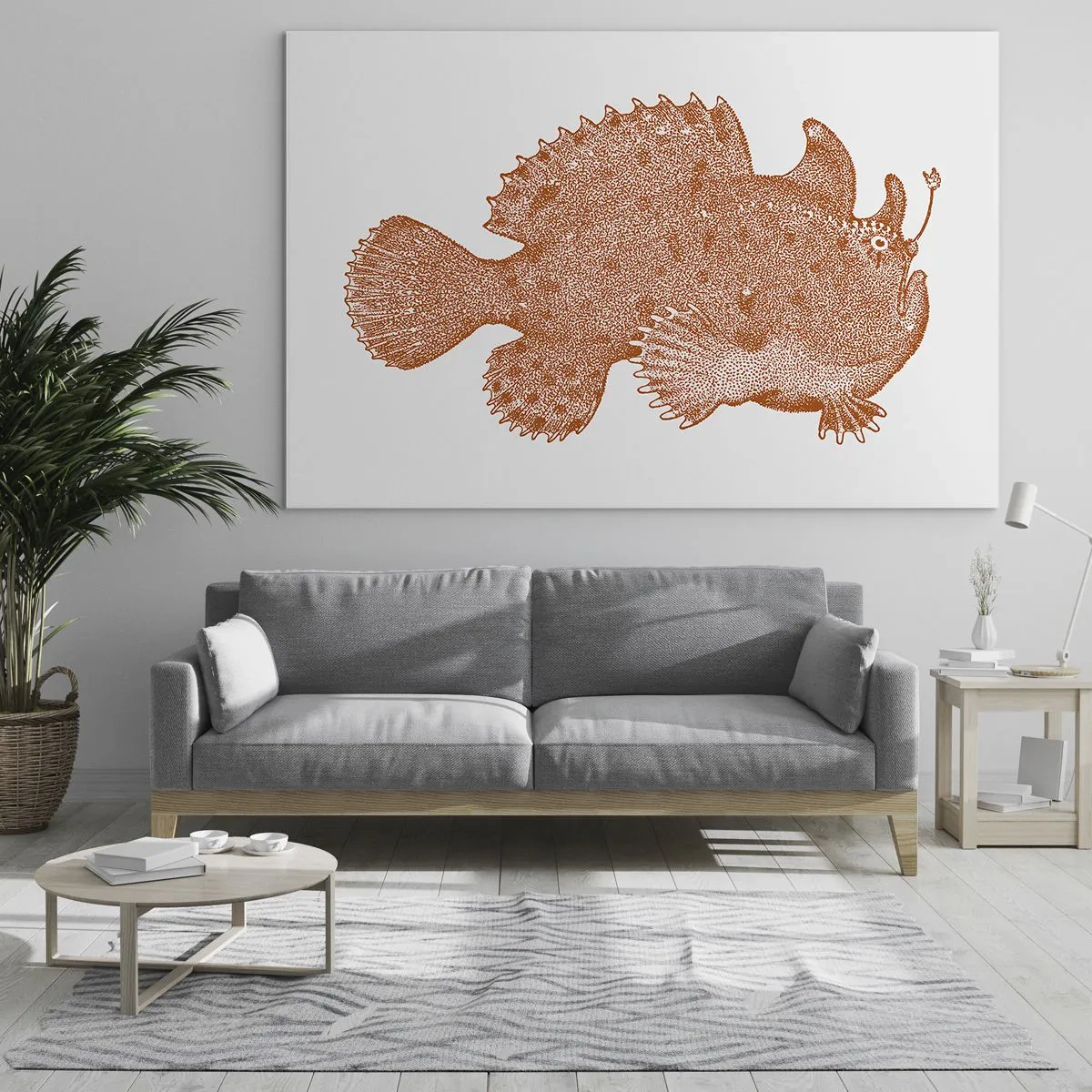 Tablou pe sticlă - Un desen ruginit al unui pește de adâncime realizat folosind tehnica punctului - 70x50cm - Și totuși este un peşte - Decorațiune modernă pentru perete pentru living și dormitor ARTTOR