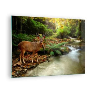 Tablou pe sticlă - Un cerb lângă un pârâu într-o pădure însorită - 70x50cm - Bun venit în lumea mea - Decorațiune modernă pentru perete pentru living și dormitor ARTTOR
