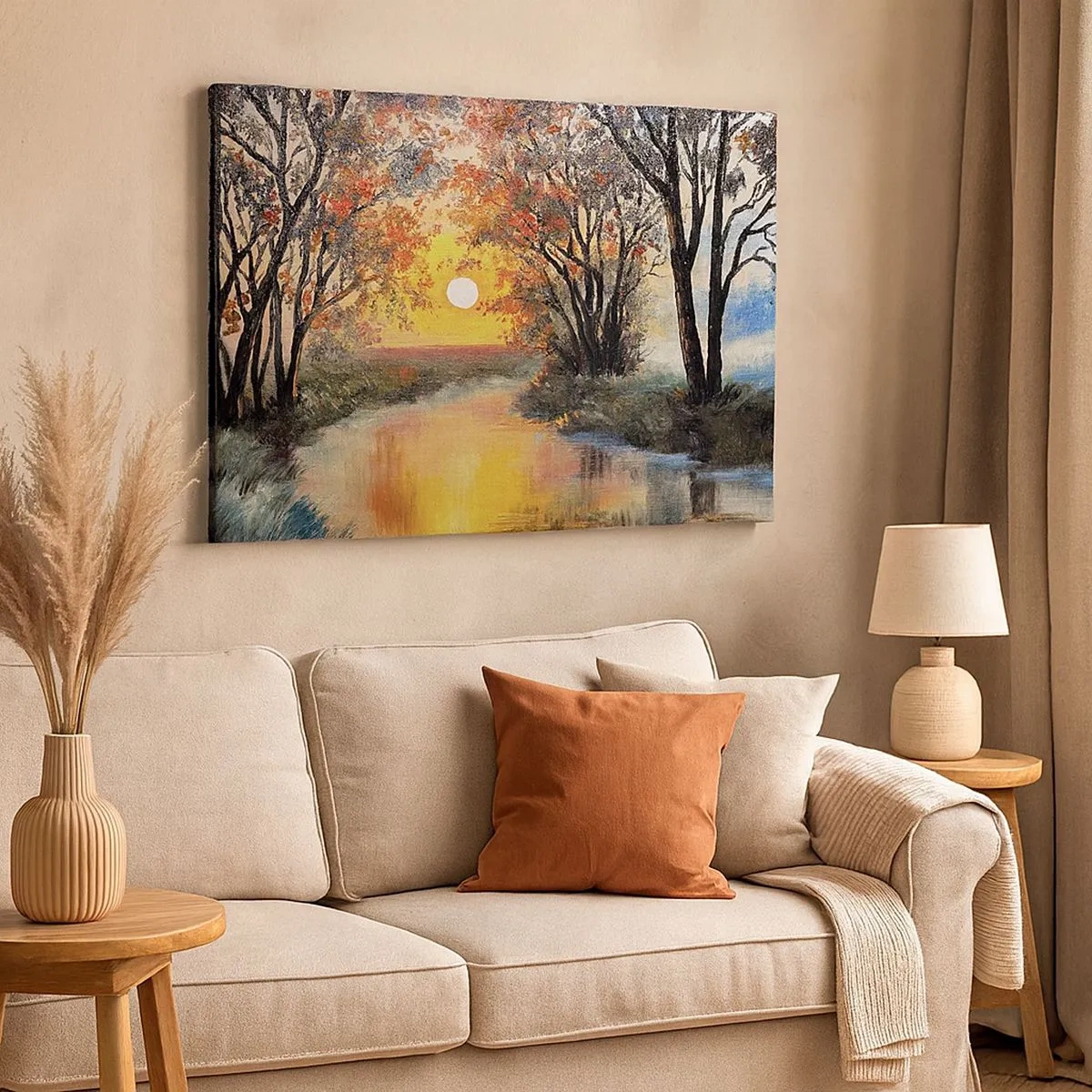 Tablou pe pânză Canvas - Apus de soare peste râu într-un peisaj de toamnă - 70x50cm - Atmosferă de toamnă - Decorațiune modernă pentru perete pentru living și dormitor ARTTOR