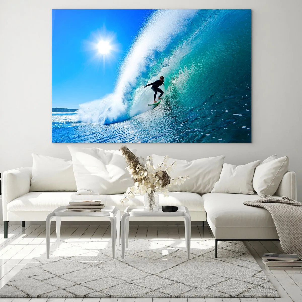 Tablou pe sticlă - Surfer pe un val într-o zi însorită - 70x50cm - Prin marele albastru - Decorațiune modernă pentru perete pentru living și dormitor ARTTOR