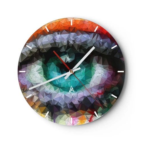 Ceas de perete - Ceas pe sticlă - Grafică abstractă a ochilor într-un stil geometric multicolor - 30x30cm - Strălucire cristalină a ochilor - Decorațiune modernă pentru perete pentru living, bucătărie și dormitor ARTTOR