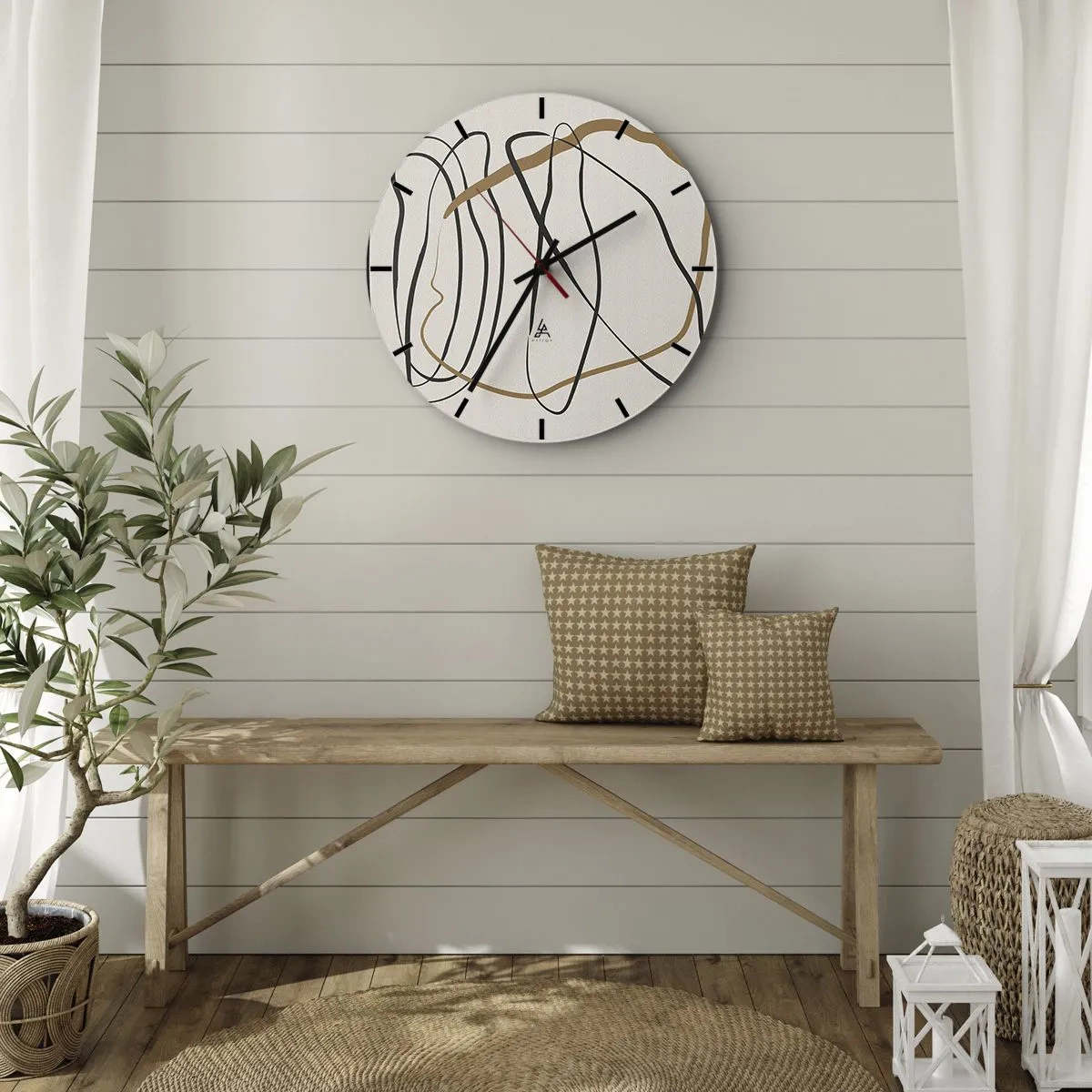 Ceas de perete - Ceas pe sticlă - Linii abstracte, dansante, pe un fundal deschis - 30x30cm - Compoziție - Dans posesiv - Decorațiune modernă pentru perete pentru living, bucătărie și dormitor ARTTOR