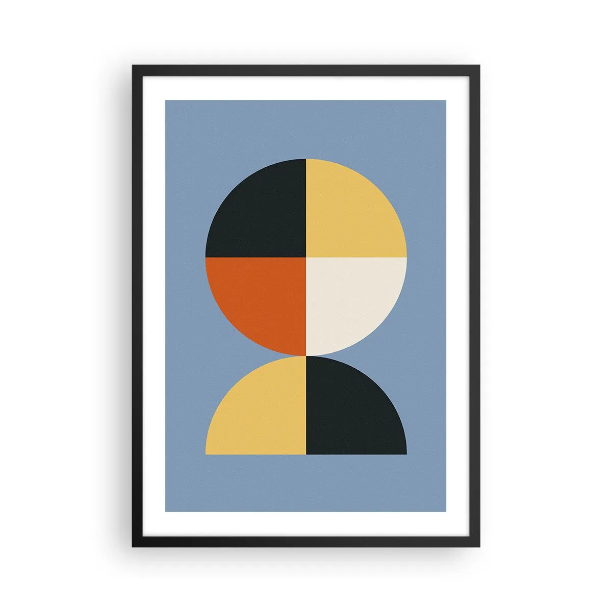 Poster în ramă neagră - Motiv geometric în formă de cerc și semicerc pe fundal albastru - 50x70cm - Uită-te și numără - Decorațiune modernă pentru perete pentru living și dormitor ARTTOR