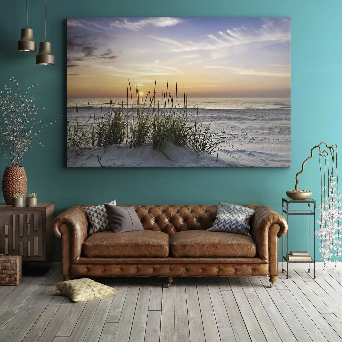 Tablou pe pânză Canvas - plajă cu nisip la apus, cu iarbă în fundal - 70x50cm - Privește, gândește, simte - Decorațiune modernă pentru perete pentru living și dormitor ARTTOR