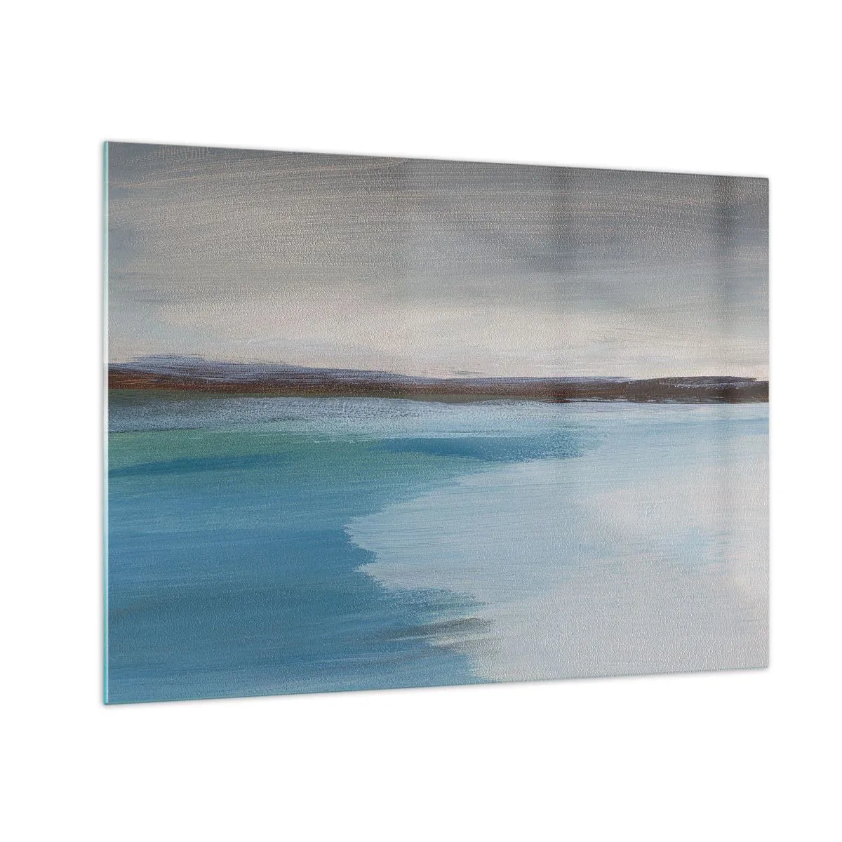 Tablou pe sticlă - Un peisaj liniștit cu apă și dealuri îndepărtate în tonuri pastelate. - 70x50cm - Peisaj orizontal - Decorațiune modernă pentru perete pentru living și dormitor ARTTOR