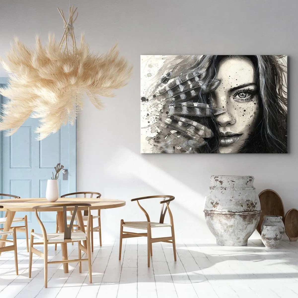 Tablou pe pânză Canvas - Portret artistic al unei femei cu detalii abstracte - 70x50cm - Frumusețe sălbatică - Decorațiune modernă pentru perete pentru living și dormitor ARTTOR