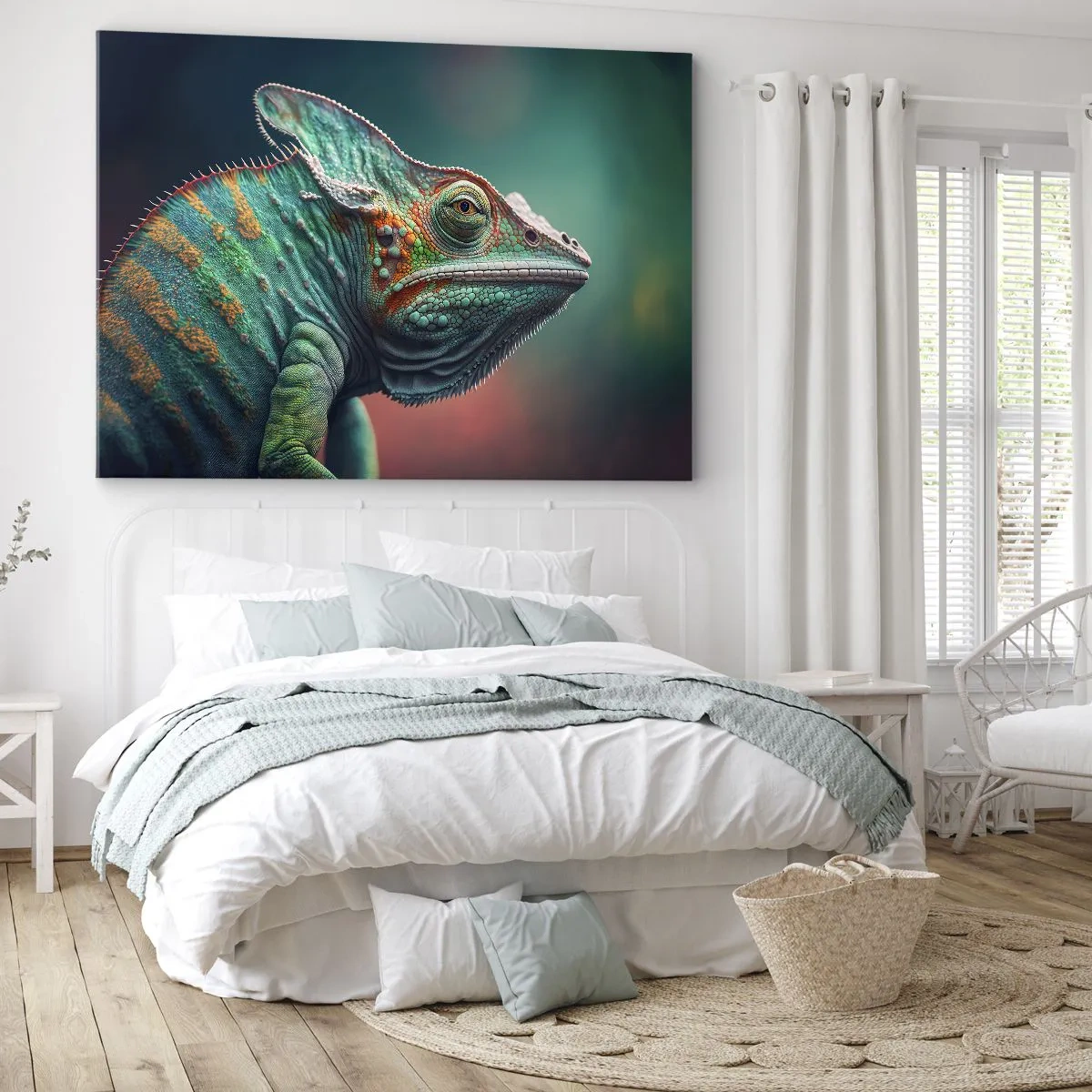 Tablou pe pânză Canvas - Prim-plan al unui cameleon în culori intense - 70x50cm - Mă poți vedea? Nu e bine... - Decorațiune modernă pentru perete pentru living și dormitor ARTTOR