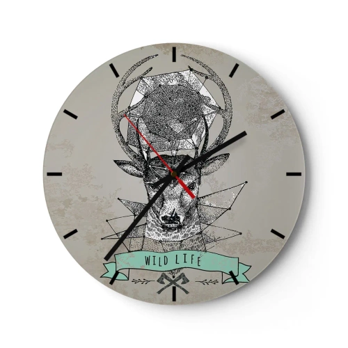 Ceas de perete - Ceas pe sticlă - Cerb geometric cu inscripția Wild Life pe fundal gri - 30x30cm - Viziunea Sfântului Hubertus - Decorațiune modernă pentru perete pentru living, bucătărie și dormitor ARTTOR