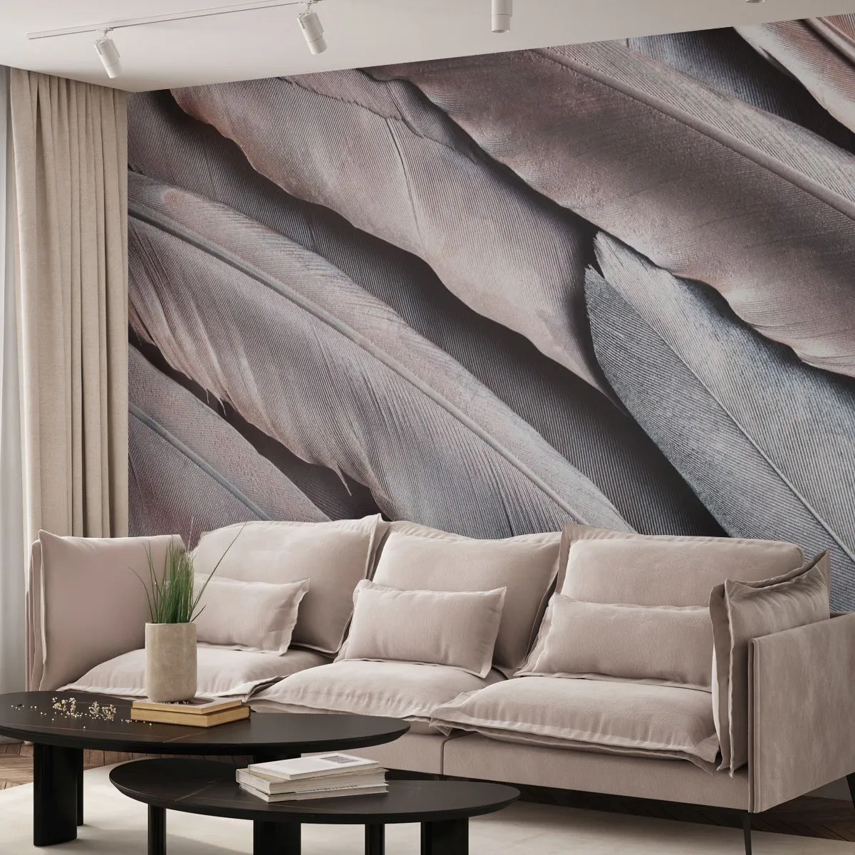 Tapet Standard Eco - Pene delicate în nuanțe de roz și argintiu - 100x70cm - Argintul roz - Decorațiune modernă pentru perete pentru living și dormitor ARTTOR