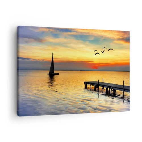 Tablou pe pânză Canvas - Apus de soare cu o barcă cu pânze și un dig pe un lac liniștit - 70x50cm - Retururi de seară - Decorațiune modernă pentru perete pentru living și dormitor ARTTOR