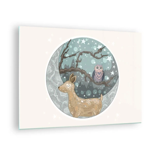 Tablou pe sticlă - Ilustrație a unui cerb și a unei bufnițe într-un decor magic - 70x50cm - O noapte în pădure de poveste - Decorațiune modernă pentru perete pentru living și dormitor ARTTOR