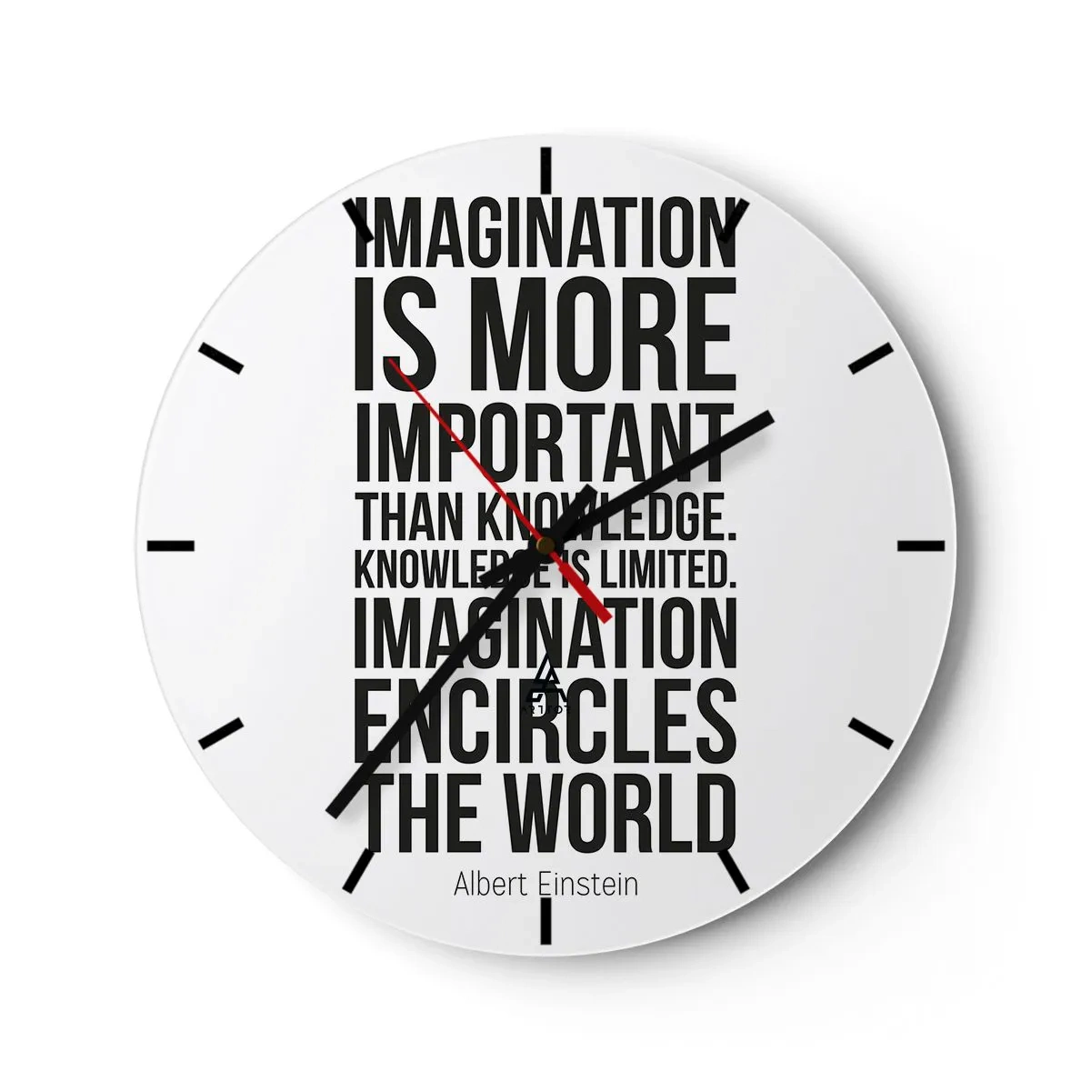 Ceas de perete - Ceas pe sticlă - Citat inspirațional de Albert Einstein - 30x30cm - Einstein despre puterea imaginației - Decorațiune modernă pentru perete pentru living, bucătărie și dormitor ARTTOR