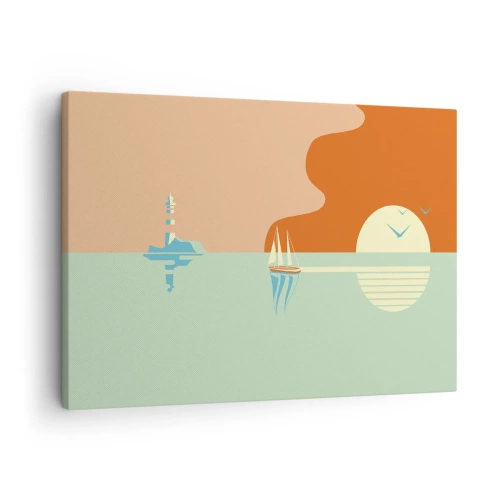 Tablou pe pânză Canvas - Un peisaj marin minimalist cu o barcă cu pânze și un apus de soare - 70x50cm - Peisaj marin perfect - Decorațiune modernă pentru perete pentru living și dormitor ARTTOR