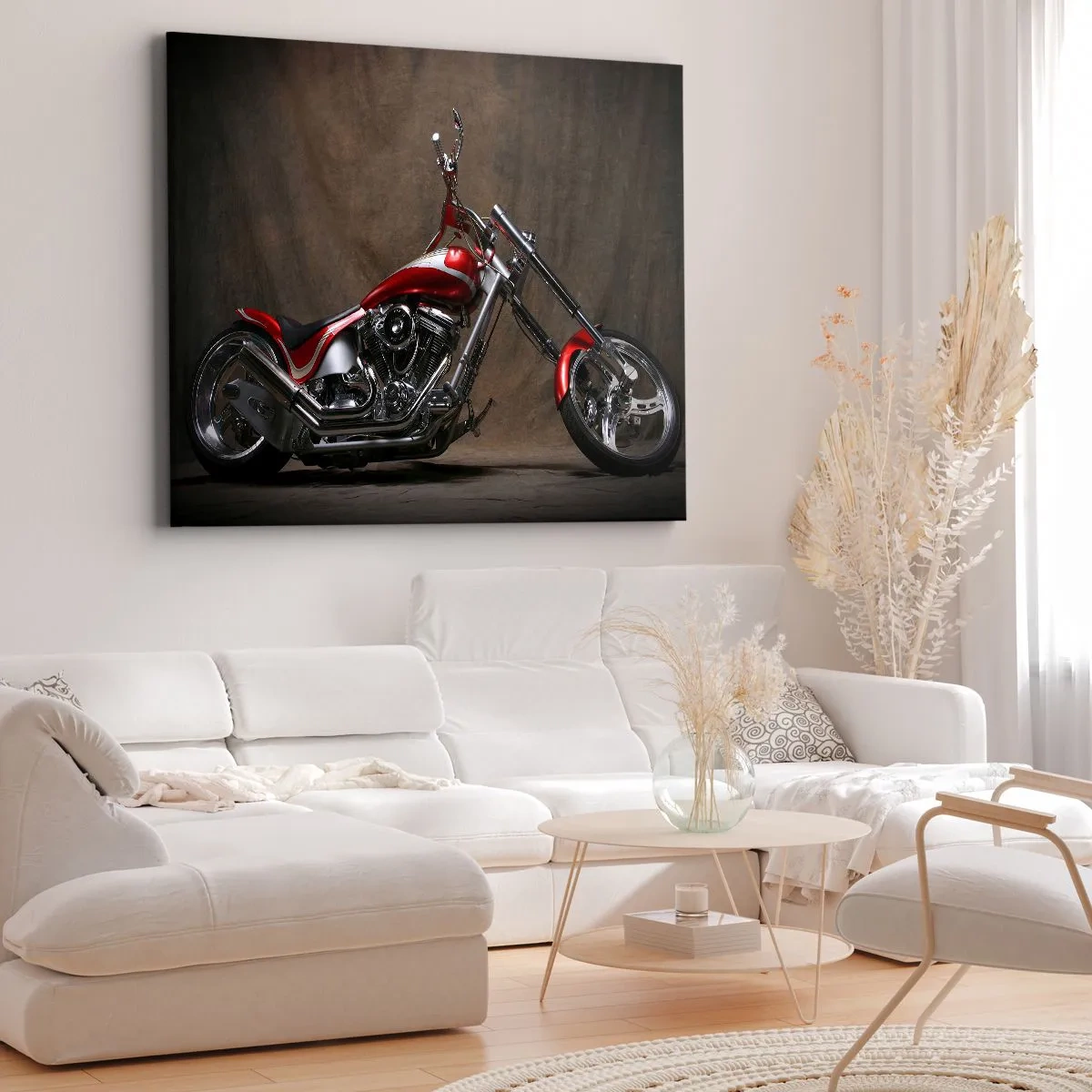 Tablou pe pânză Canvas - Motocicletă personalizată roșie pe un fundal de material textil maro - 70x50cm - Frumusețea în roșu și argintiu - Decorațiune modernă pentru perete pentru living și dormitor ARTTOR