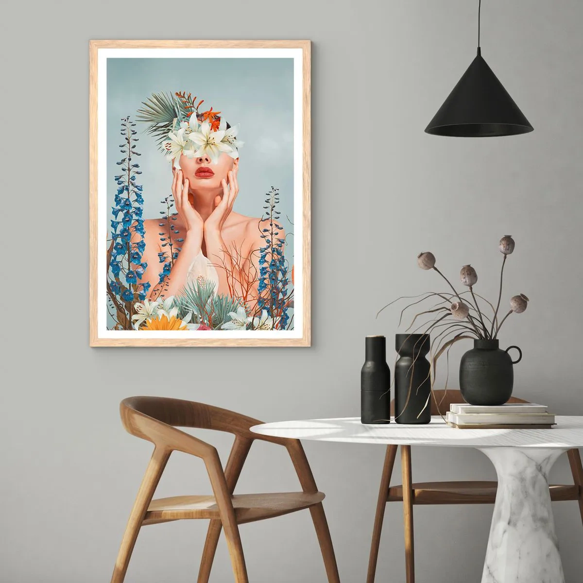 Poster în ramă de stejar deschis - Femeia floare - 40x50 cm