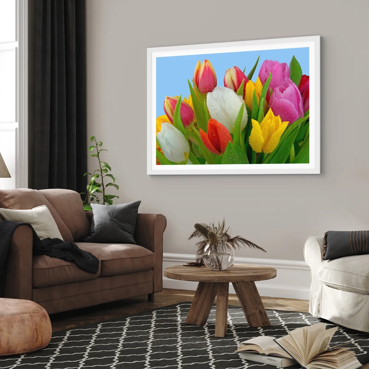 Poster în ramă albă - Un curcubeu floral în picături de rouă - 100x70 cm