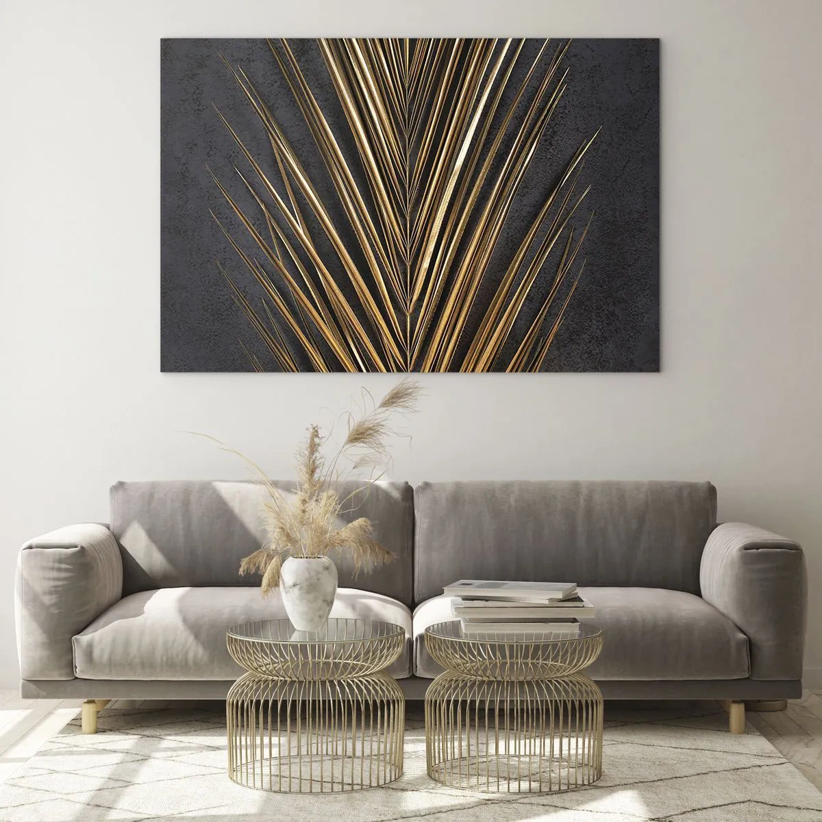 Tablou pe sticlă - Frunză de palmier aurie pe un fundal întunecat - 70x50cm - Aur tropical - Decorațiune modernă pentru perete pentru living și dormitor ARTTOR