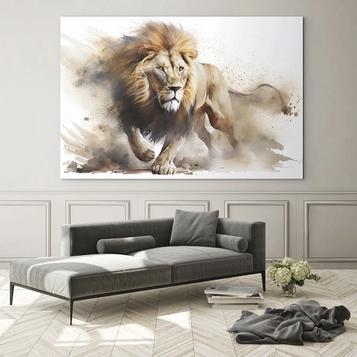 Tablou pe sticlă - O fotografie dinamică în stil acuarelă a unui leu alergând - 70x50cm - Regele se mișcă  - Decorațiune modernă pentru perete pentru living și dormitor ARTTOR