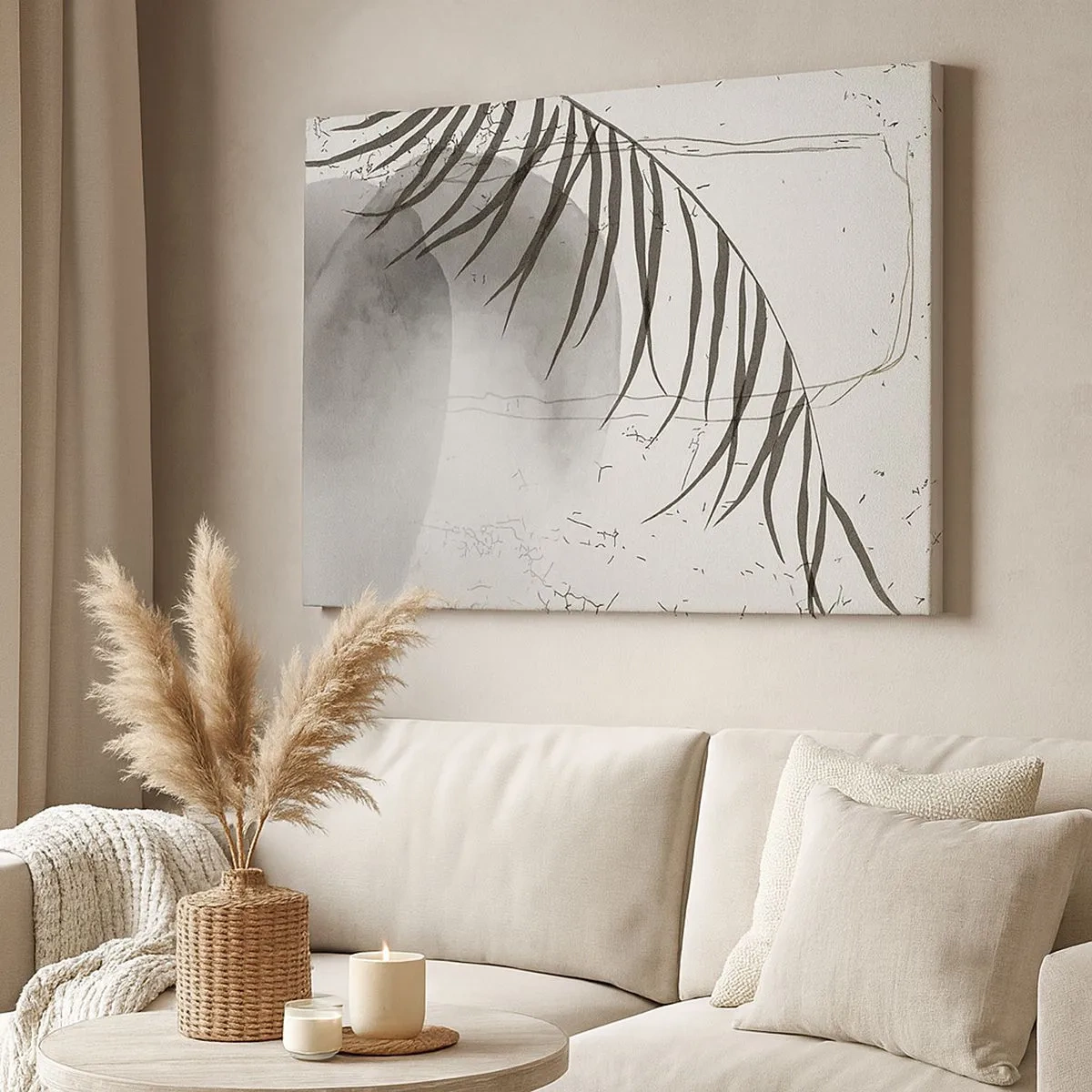 Tablou pe pânză Canvas - Un motiv delicat cu frunze de palmier pe un fundal deschis, în stil scandinav. - 70x50cm - Exotismul subtil al naturii - Decorațiune modernă pentru perete pentru living și dormitor ARTTOR