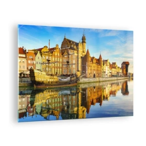 Tablou pe sticlă - Orașul vechi din Gdańsk cu o reflexie în apă - 70x50cm - Trecutul în oglindă - Decorațiune modernă pentru perete pentru living și dormitor ARTTOR