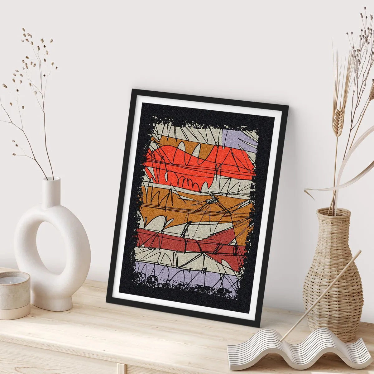 Poster în ramă neagră - O compoziție abstractă cu linii și culori dinamice. - 50x70cm - Compoziție spontană - Decorațiune modernă pentru perete pentru living și dormitor ARTTOR