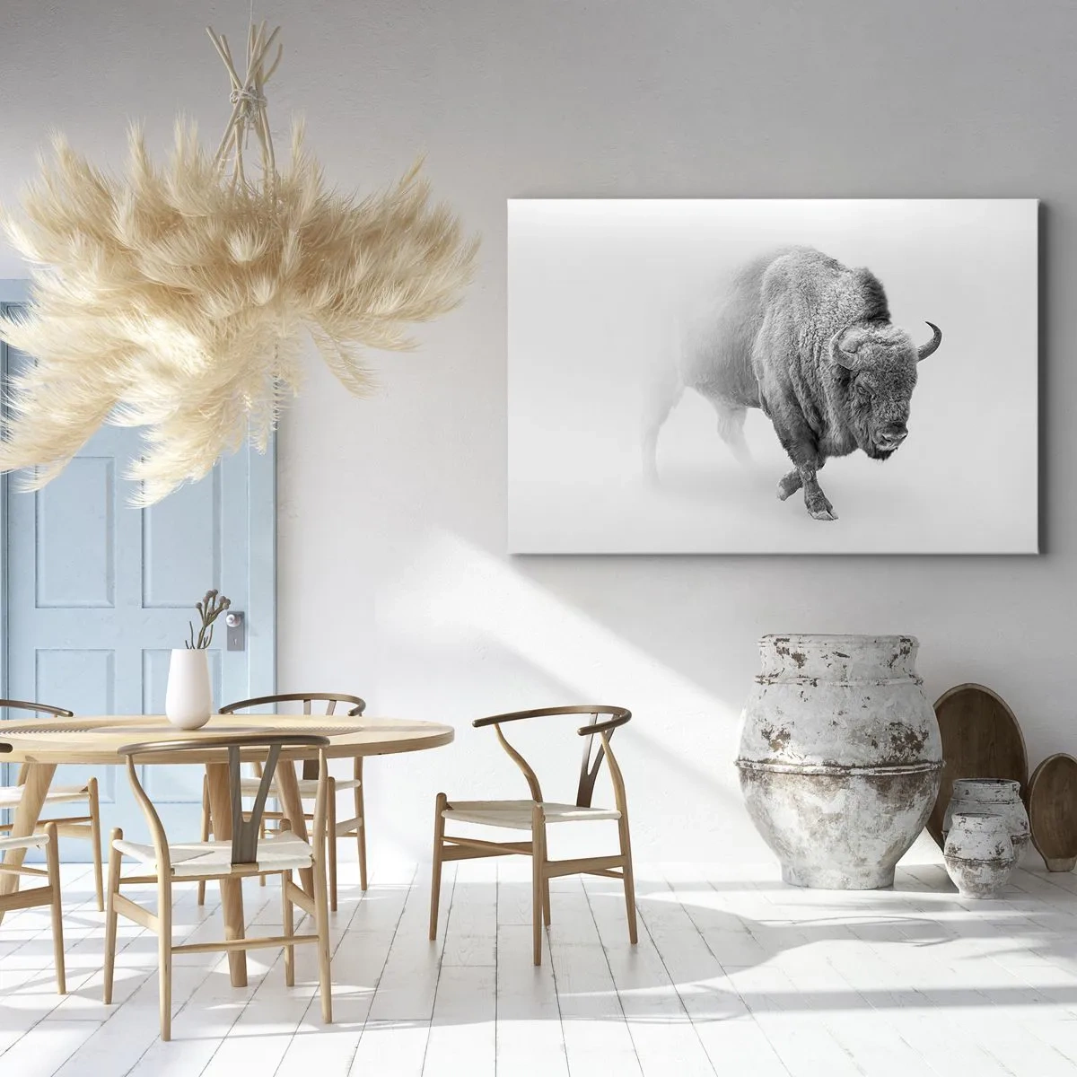 Tablou pe pânză Canvas - Bizon alb într-un decor minimalist - 70x50cm - Regele preriilor - Decorațiune modernă pentru perete pentru living și dormitor ARTTOR