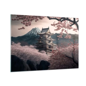 Tablou pe sticlă - O pagodă tradițională japoneză printre flori de cireș și munți - 70x50cm - Țara florilor de cireș - Decorațiune modernă pentru perete pentru living și dormitor ARTTOR