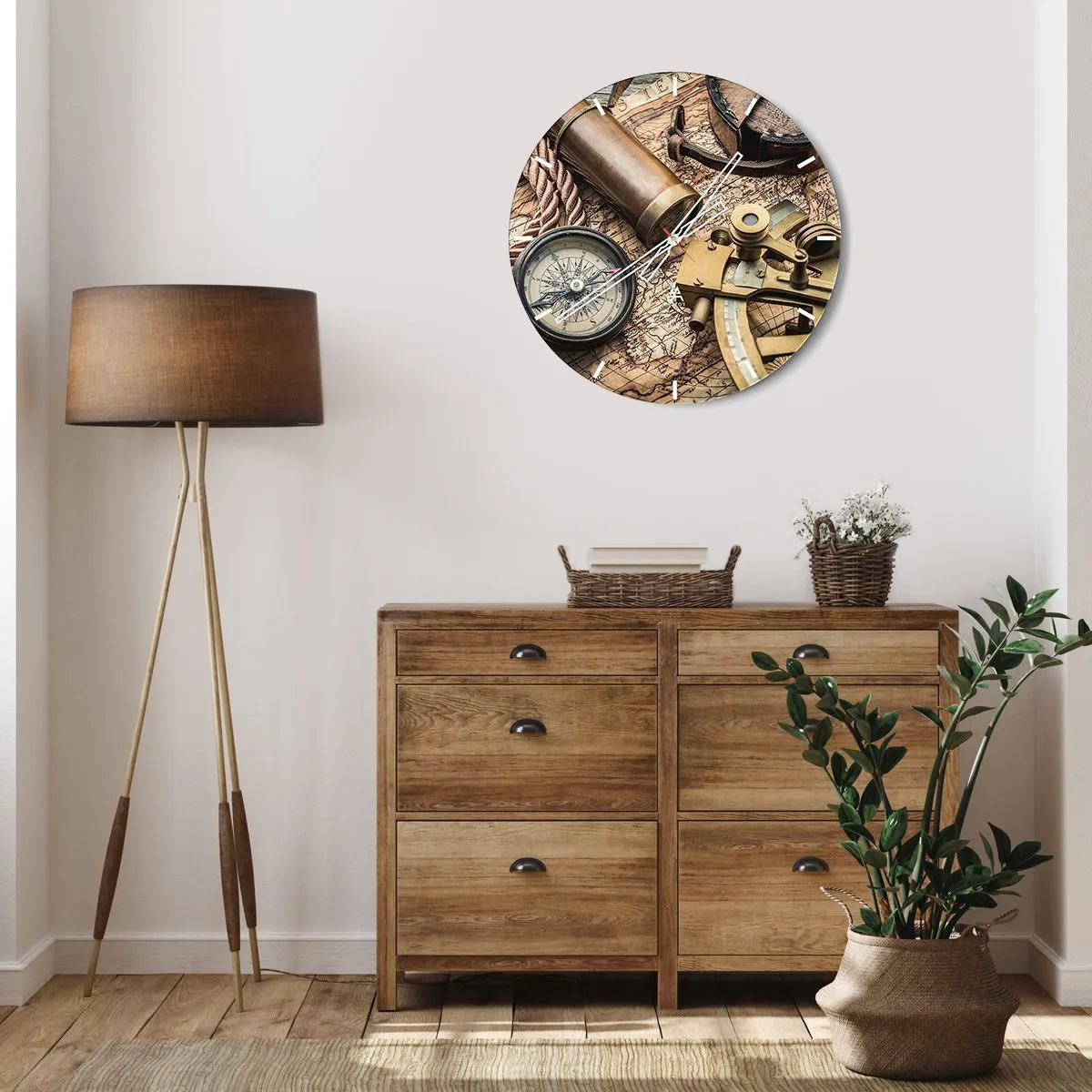 Ceas de perete - Ceas pe sticlă - Set de navigație cu hartă, busolă și sextant - 30x30cm - Stabilește cursul - Decorațiune modernă pentru perete pentru living, bucătărie și dormitor ARTTOR