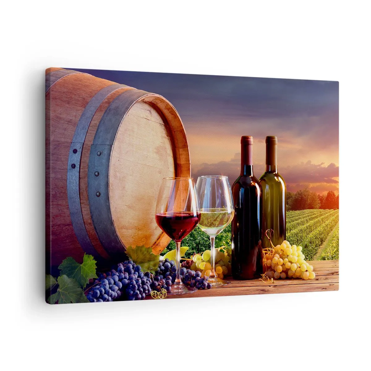 Tablou pe pânză Canvas - Vin, pahare și un butoi într-un peisaj pitoresc - 70x50cm - Aici viața are un gust - Decorațiune modernă pentru perete pentru living și dormitor ARTTOR