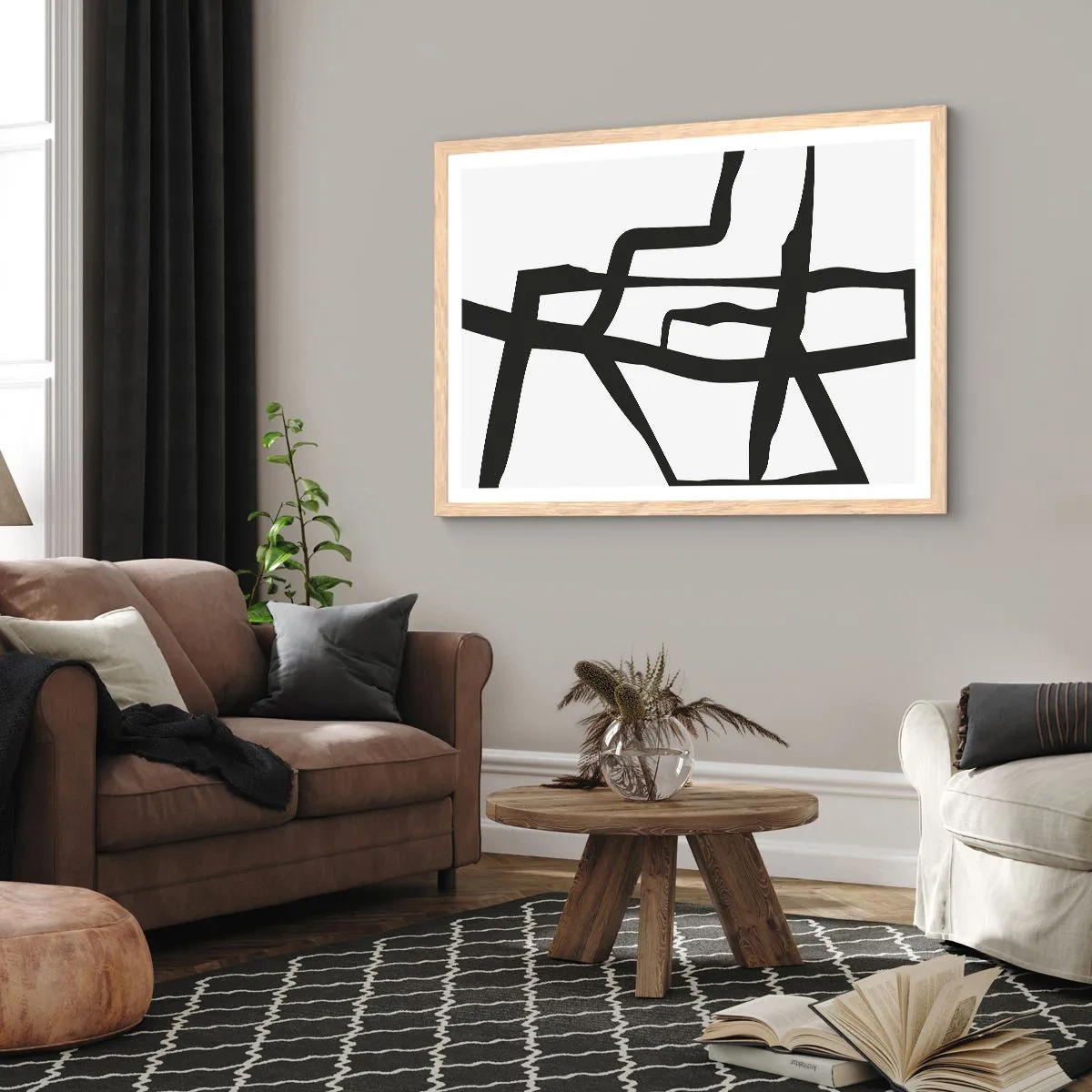 Poster în ramă de stejar deschis - Construcție în alb și negru - 70x50 cm