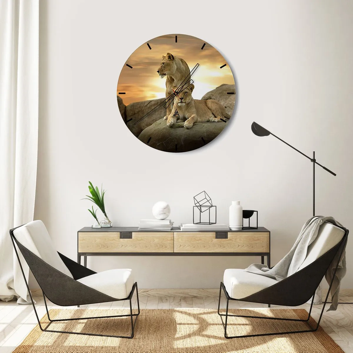 Ceas de perete - Ceas pe sticlă - Doi lei pe fondul apusului de soare - 30x30cm - Maiestate regală - Decorațiune modernă pentru perete pentru living, bucătărie și dormitor ARTTOR