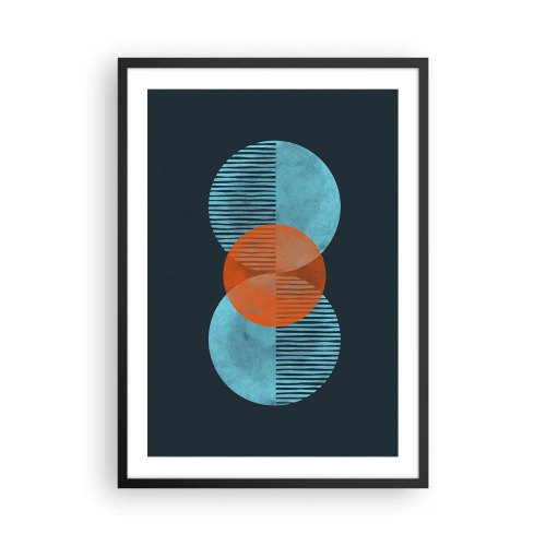 Poster în ramă neagră - Cercuri simetrice în nuanțe de albastru și portocaliu cu linii - 50x70cm - Compoziție simetrică - Decorațiune modernă pentru perete pentru living și dormitor ARTTOR