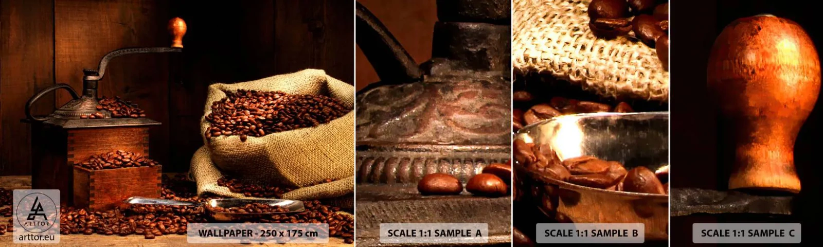 Mostră de Tapet Standard Eco - Natură moartă cu boabe de cafea și măcinător - Gastronomie, Cafea, Râșniță de cafea - 100x30 cm