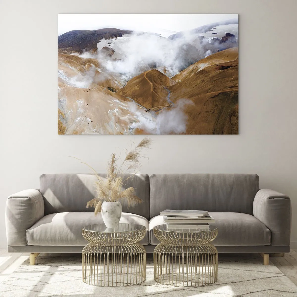 Tablou pe sticlă - Vedere aeriană a dealurilor și văilor islandeze fierbinți - 70x50cm - Frumusețea sălbatică a Islandei - Decorațiune modernă pentru perete pentru living și dormitor ARTTOR