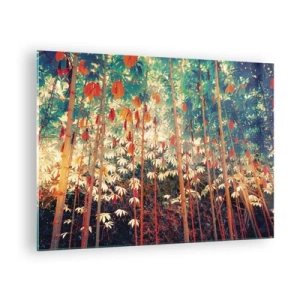 Tablou pe sticlă - Pădure de bambus colorată cu lumină caldă - 70x50cm - Viața secretă a frunzelor - Decorațiune modernă pentru perete pentru living și dormitor ARTTOR