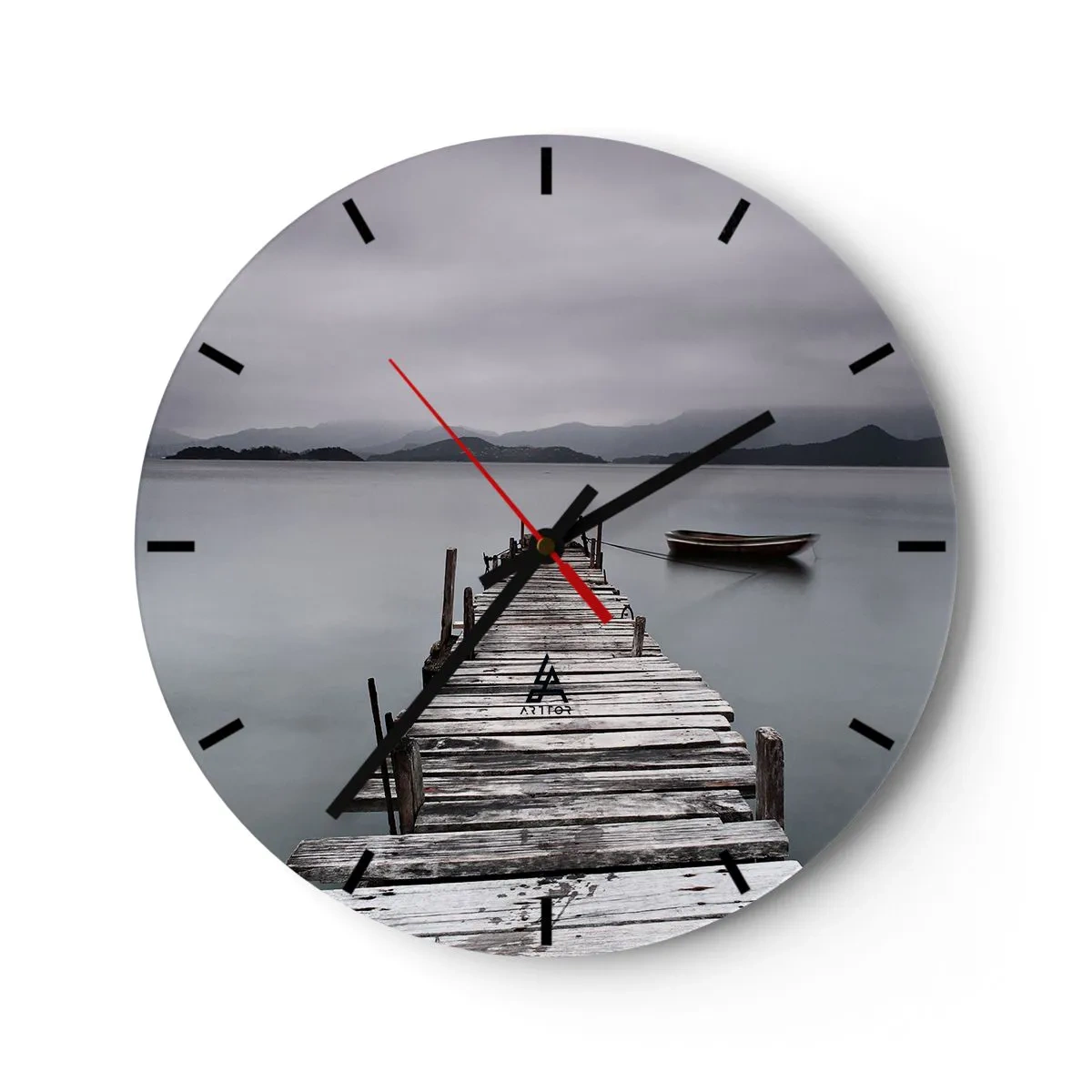 Ceas de perete - Ceas pe sticlă - Un debarcader din lemn pe un lac liniștit, cu o barcă în fundal - 30x30cm - Poți pleca mâine - Decorațiune modernă pentru perete pentru living, bucătărie și dormitor ARTTOR