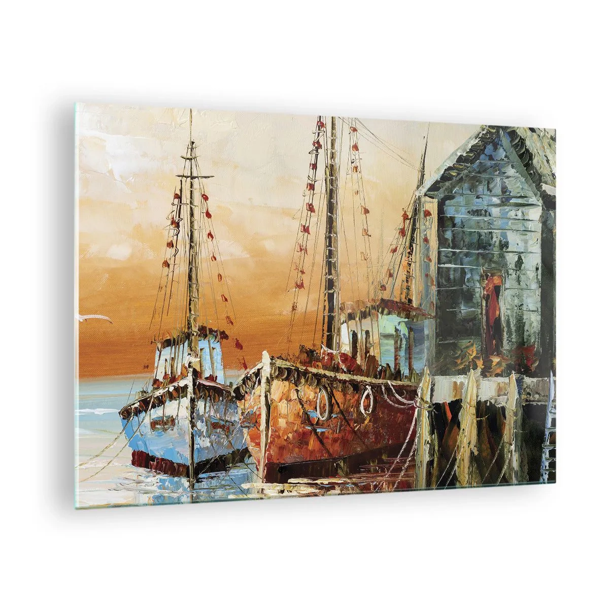 Tablou pe sticlă - Bărci colorate la port - 70x50cm - Întoarcere pașnică - Decorațiune modernă pentru perete pentru living și dormitor ARTTOR