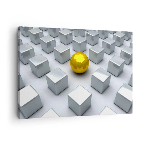 Tablou pe pânză Canvas - O sferă aurie iese în evidență printre cuburile de argint - 70x50cm - De ce eu? Compoziție geometrică - Decorațiune modernă pentru perete pentru living și dormitor ARTTOR