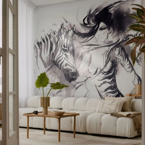 Tapet Standard Eco - Femeie și zebre într-un stil artistic alb-negru - 100x70cm - Dansând cu zebrele - Decorațiune modernă pentru perete pentru living și dormitor ARTTOR