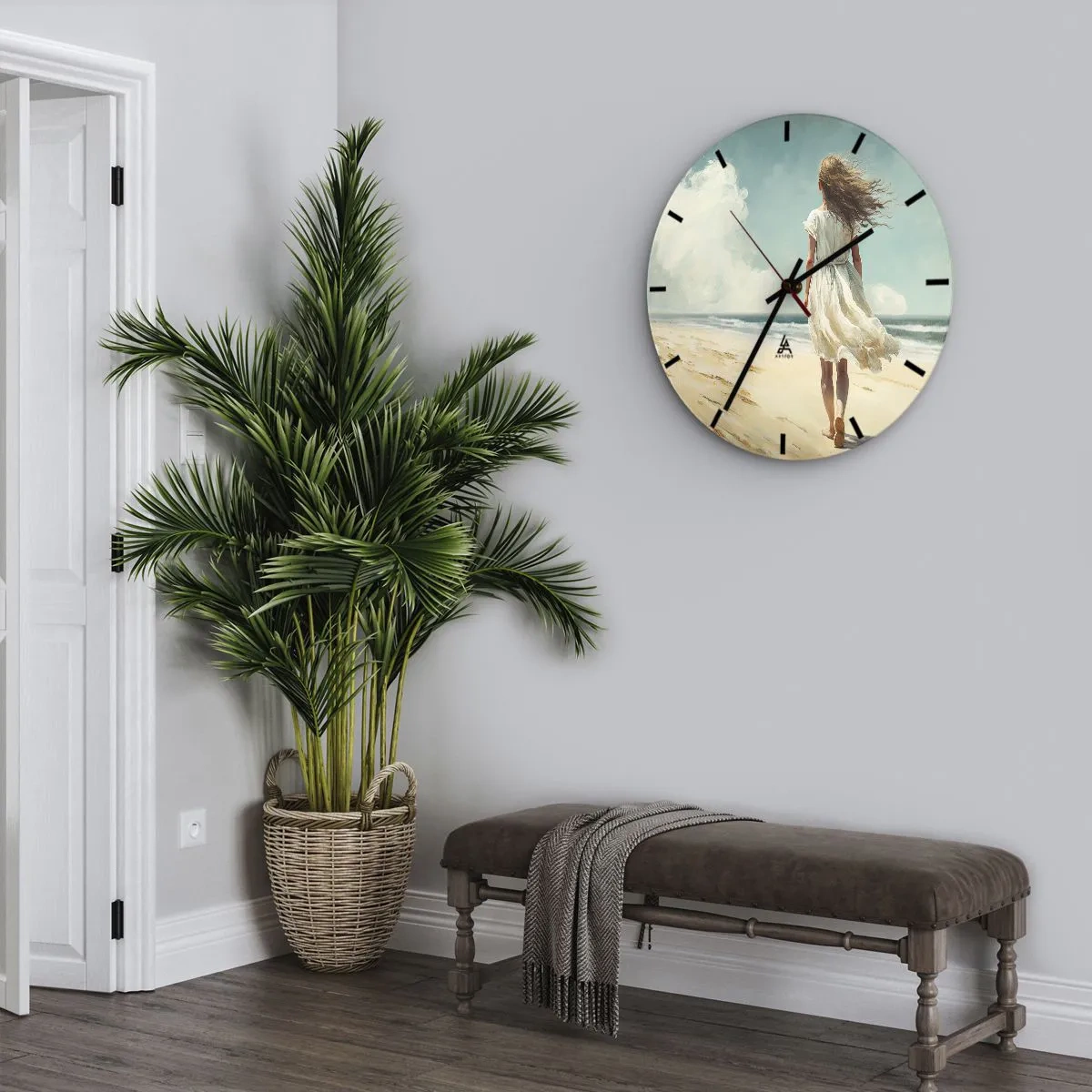 Ceas de perete - Ceas pe sticlă - O femeie într-o rochie albă mergând desculță pe plajă - 30x30cm - Vreau să întâlnesc soarele și vântul - Decorațiune modernă pentru perete pentru living, bucătărie și dormitor ARTTOR