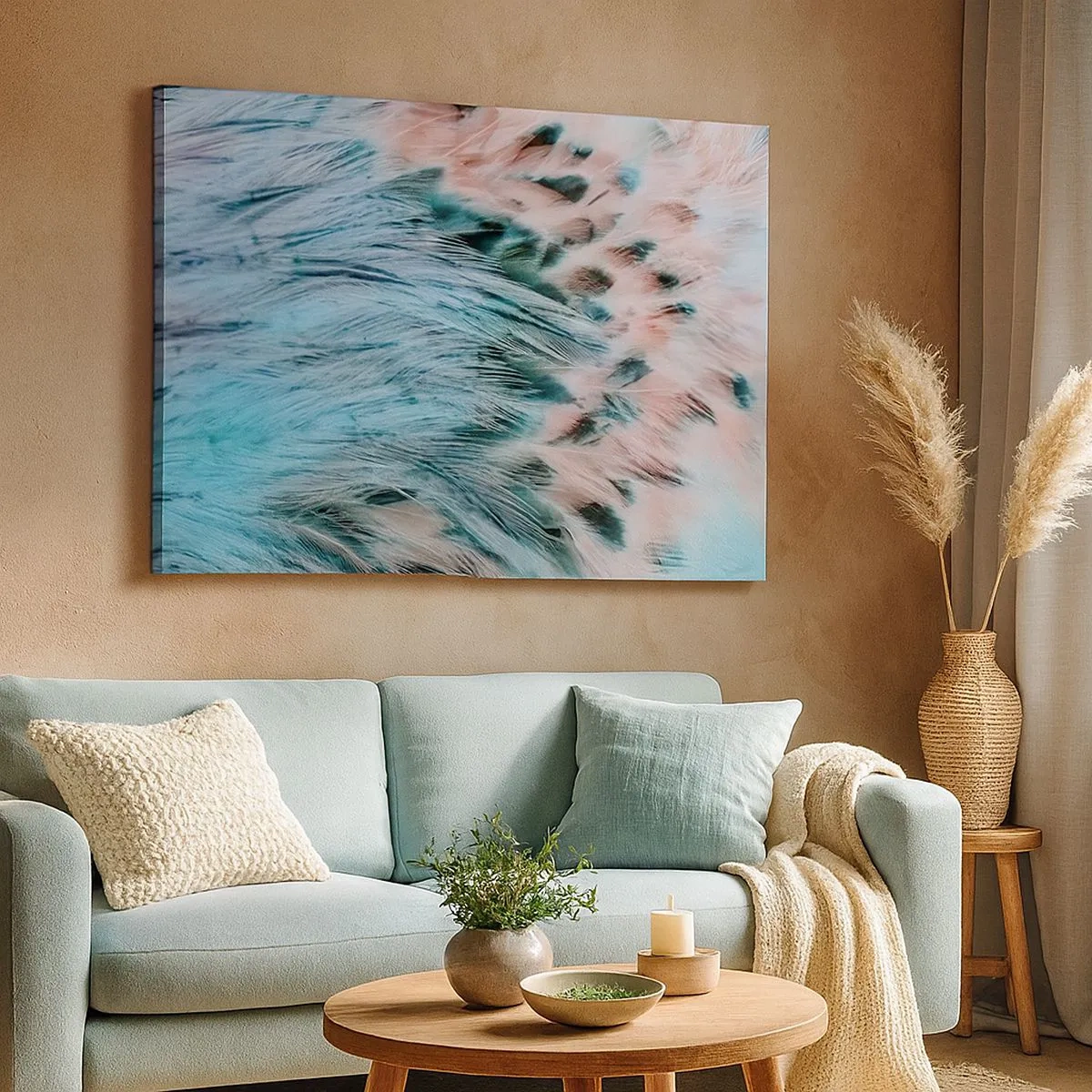 Tablou pe pânză Canvas - Prim-plan cu pene în culori pastelate roz-safir - 70x50cm - Puful roz și safir - Decorațiune modernă pentru perete pentru living și dormitor ARTTOR